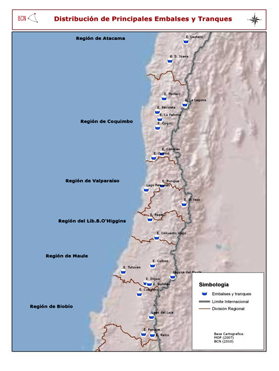 Distribución de principales embalses y tranques de Chile